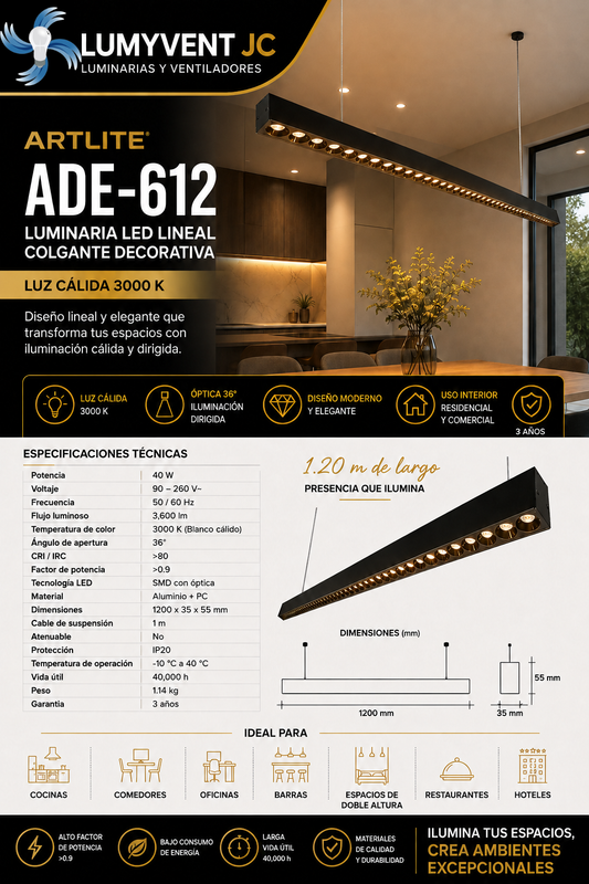 ADE-612 LUMINARIA LED LINEAL COLGANTE 40W BLANCO CÁLIDO