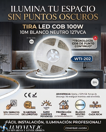 WTI-202 TIRA LED COB 100W  10M BLANCO NEUTRO 127VCA