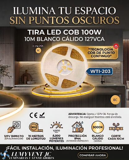 WTI-203 TIRA LED COB 100W  10M BLANCO CÁLIDO 127VCA
