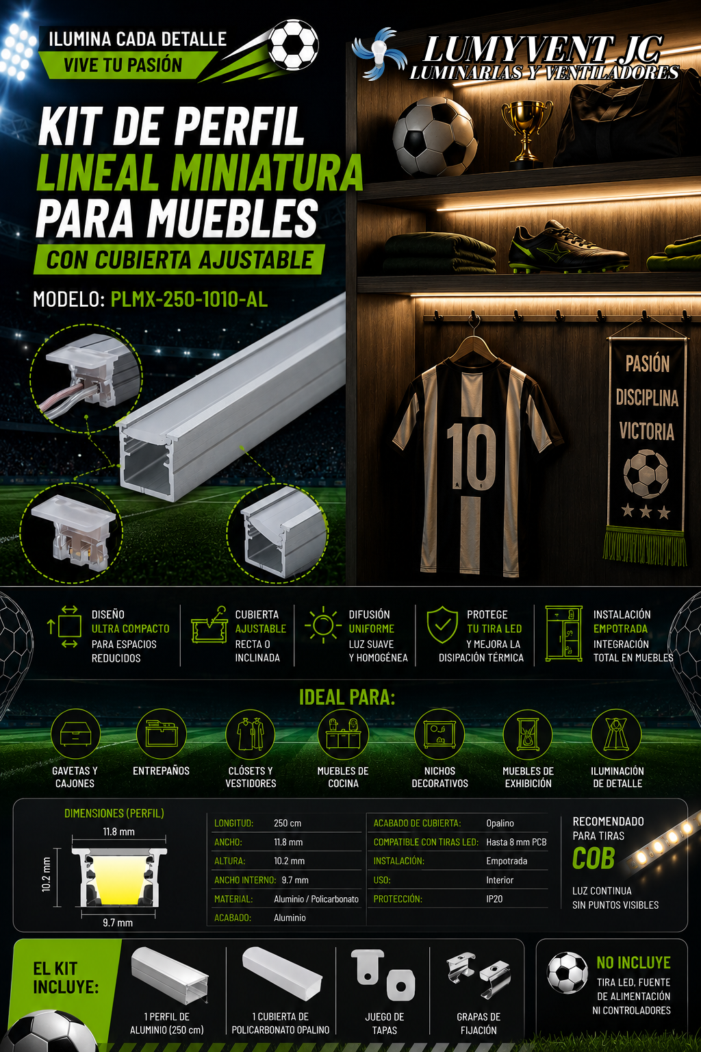 PLMX-250-1010-AL Kit de perfil lineal miniatura para muebles con cubierta ajustable