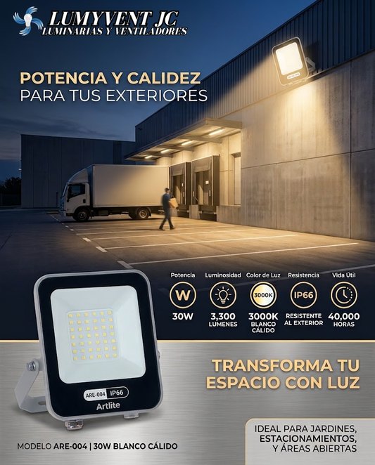 ARE-004 REFLECTOR LED CUADRADO SLIM 30W BLANCO CÁLIDO