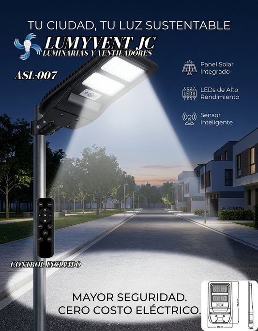 ASL-007 LUMINARIA LED SOLAR 600 LM ALL IN ONE CON PANEL INTEGRADO Y CONTROL REMOTO - LumyventJC