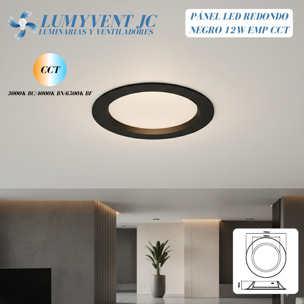 ADO-104 – PANEL REDONDO LED COLOR NEGRO 12W EMPOTRABLE 100-240VCA POLICARBONATO CCT 6500K 4000K 3000K