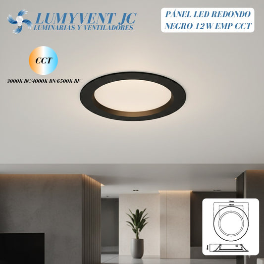 ADO-104 – PANEL REDONDO LED COLOR NEGRO 12W EMPOTRABLE 100-240VCA POLICARBONATO CCT 6500K 4000K 3000K