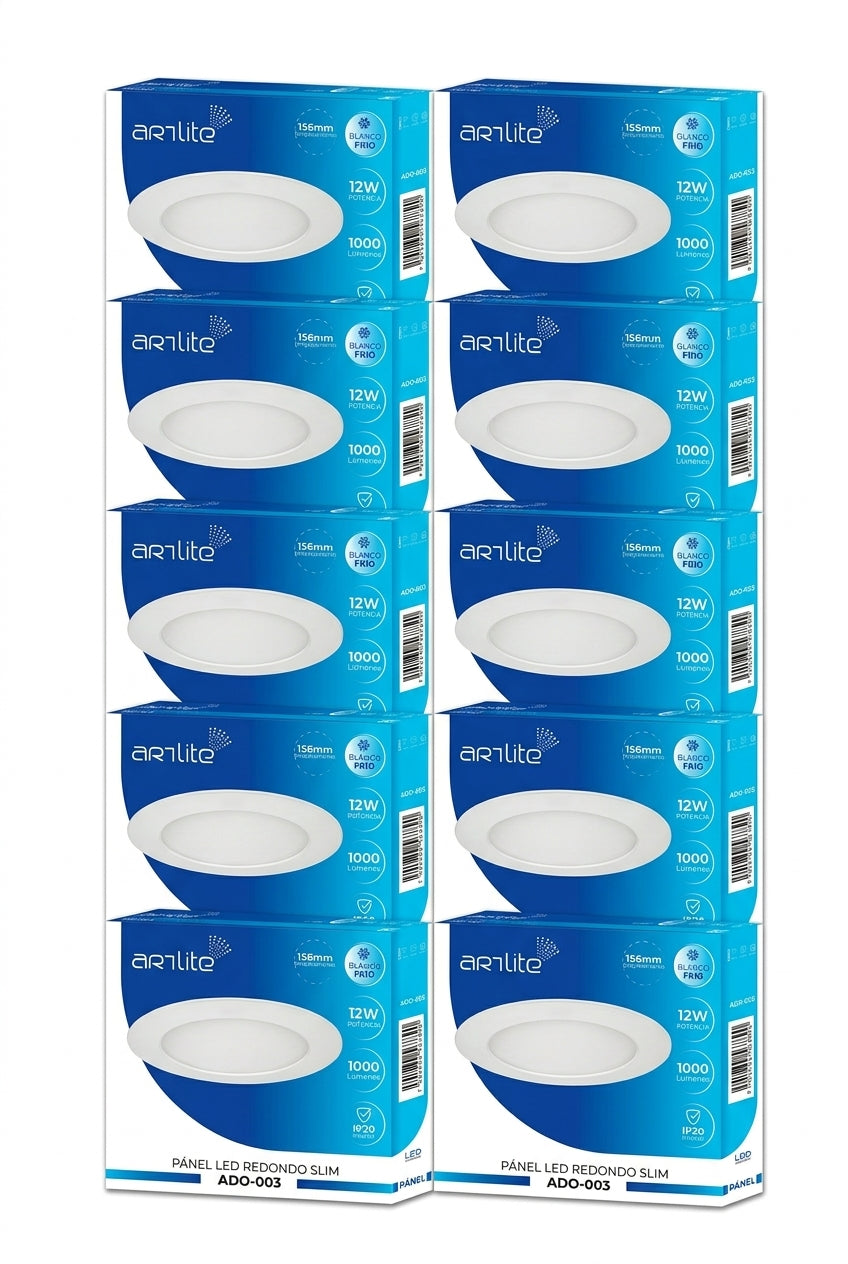 ADO-003 10 PIEZAS DE PÁNEL LED REDONDO SLIM 12W EMPOTRABLE BLANCO FRÍO