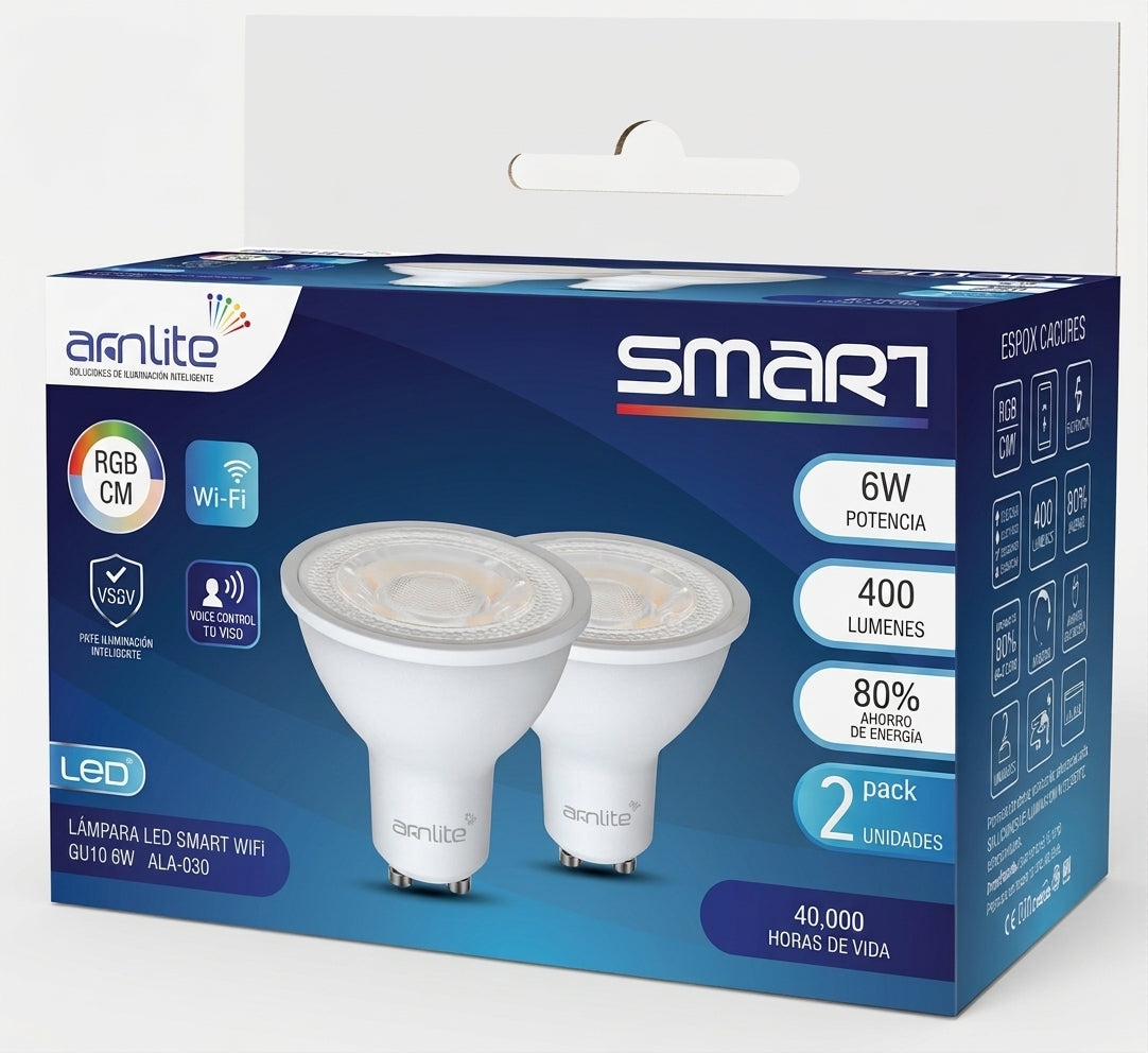 ALA-030 PAQUETE DE 2 PIEZAS DE LÁMPARA LED SMART WiFi GU10 6W RGB CW MULTICOLOR Y BLANCOS ATENUABLES