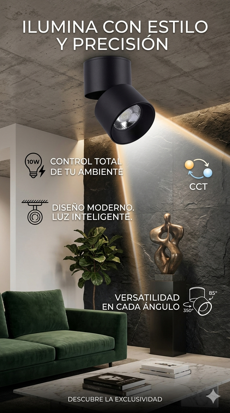 ADE-703 – LUMINARIA SOBREPONER TECHO CILINDRO DIRIGIBLE INCLINACIÓN 85° + ROTACIÓN MANUAL 350° ALUMINIO NEGRO 10W CCT MANUAL INTERIOR IP20 - LumyventJC