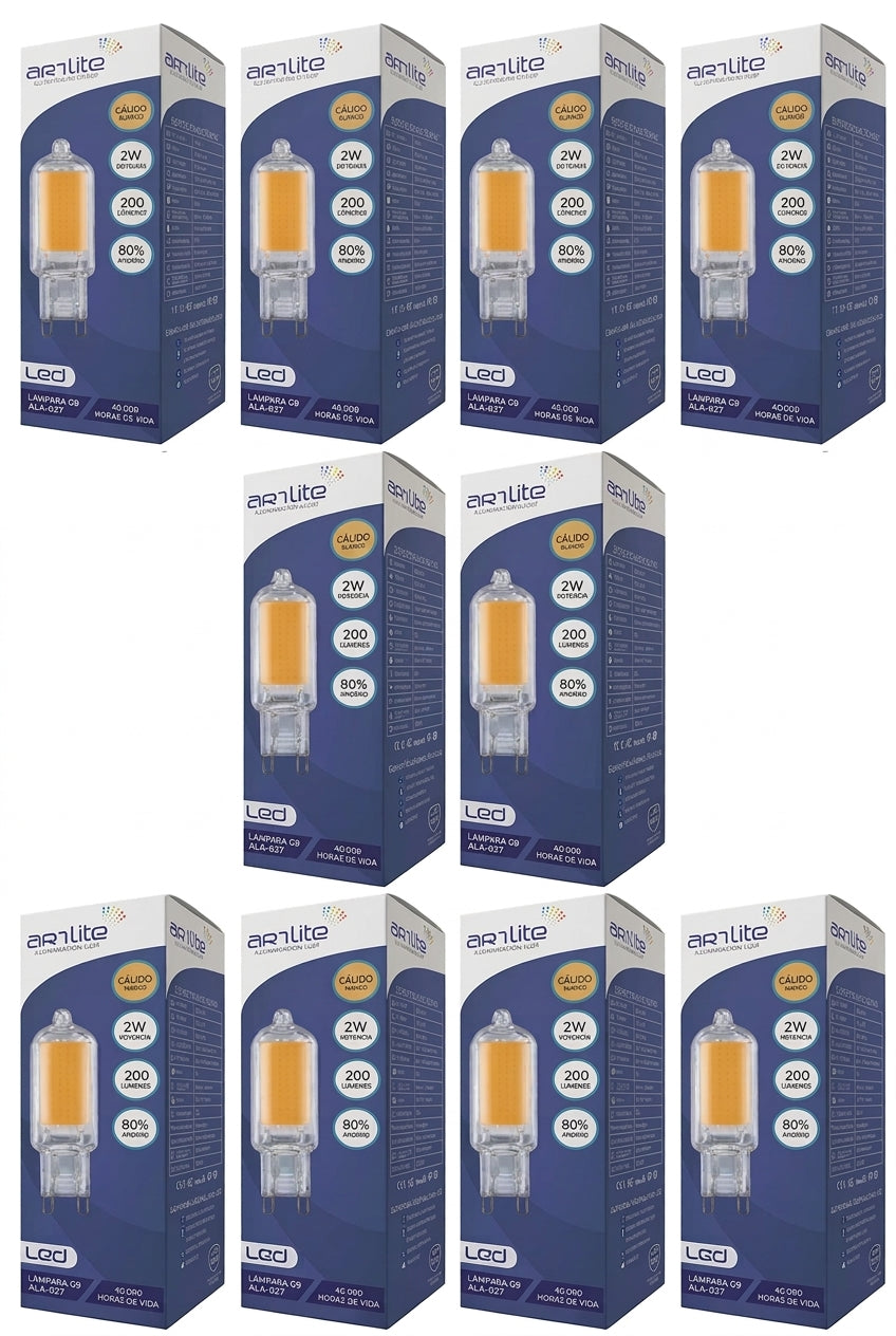 ALA-026 10 PIEZAS DE LÁMPARA LED G9 TRANSPARENTE 2W BLANCO CÁLIDO 2700K