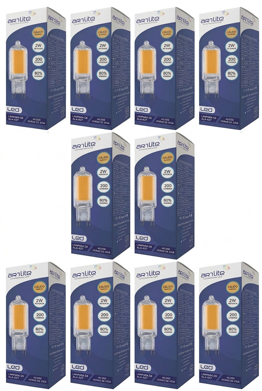 ALA-026 10 PIEZAS DE LÁMPARA LED G9 TRANSPARENTE 2W BLANCO CÁLIDO 2700K