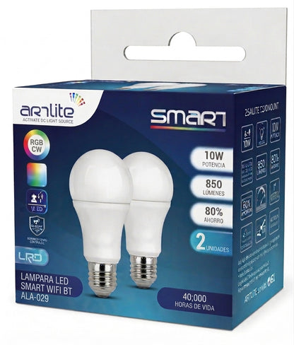 ALA-029 PAQUETE DE 2 PIEZAS DE LÁMPARA LED SMART WiFi BULBO E26 10W RGB CW MULTICOLOR