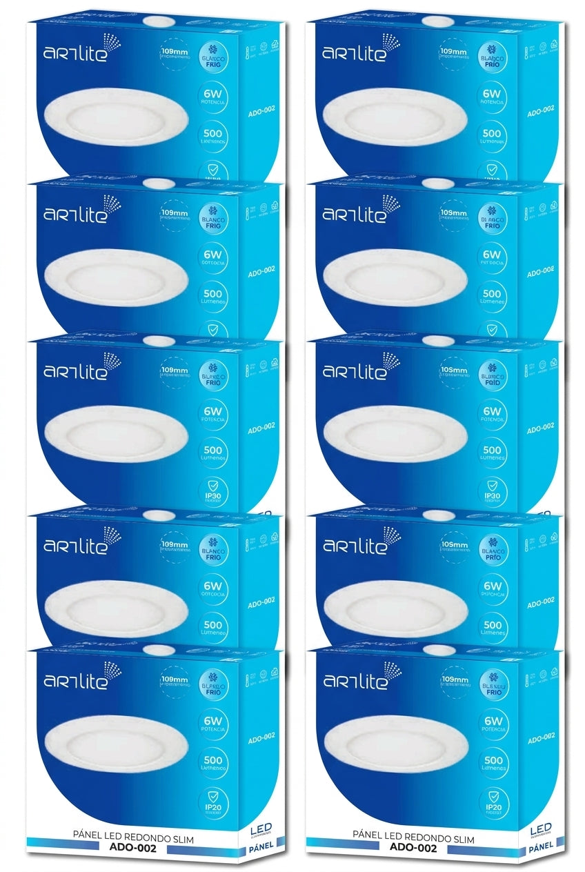 ADO-002 10 PIEZAS DE PÁNEL LED REDONDO SLIM 6W EMPOTRABLE BLANCO FRÍO