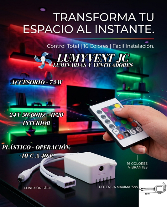 WAC-001 CONTROLADOR TIRA RGB CON CONTROL DE 16 COLORES INTERIOR - LumyventJC