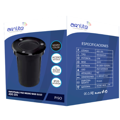 ADE-201 EMPOTRABLE PISO PLÁSTICO NEGRO Y VIDRIO TEMPLADO EXTERIOR BASE GU10 - LumyventJC