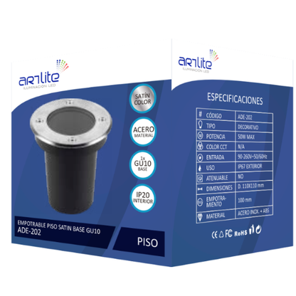 ADE-202 EMPOTRABLE PISO CUBIERTA SATÍN Y VIDRIO TEMPLADO EXTERIOR BASE MR16 - LumyventJC