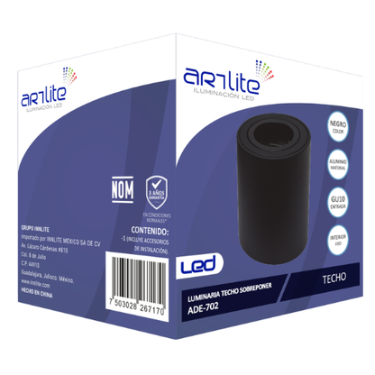 ADE-702 LUMINARIA CILÍNDRICO TECHO SOBREPONER NEGRO INTERIOR PARA GU10 - LumyventJC