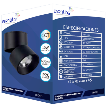 ADE-703 – LUMINARIA SOBREPONER TECHO CILINDRO DIRIGIBLE INCLINACIÓN 85° + ROTACIÓN MANUAL 350° ALUMINIO NEGRO 10W CCT MANUAL INTERIOR IP20 - LumyventJC