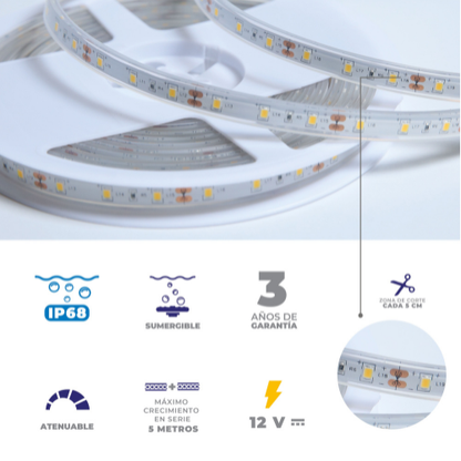 MLED-60-IP68-12V/LD Tira flexible 60 LEDs por metro, 2835 SMD, sumergible