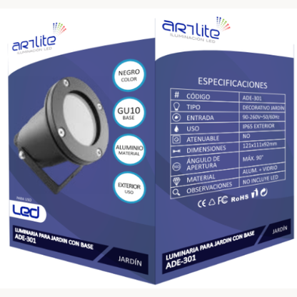 ADE-301 LUMINARIA JARDÍN SOBREPONER NEGRA EXTERIOR BASE GU10 - LumyventJC