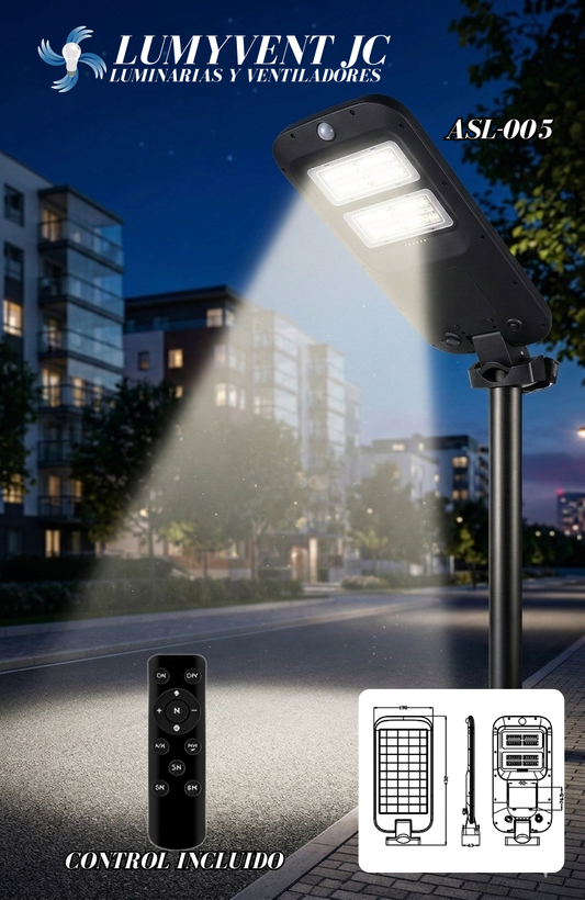ASL-005 LUMINARIA LED SOLAR DE CALLE CON PANEL INTEGRADO, BRAZO Y CONTROL REMOTO - LumyventJC