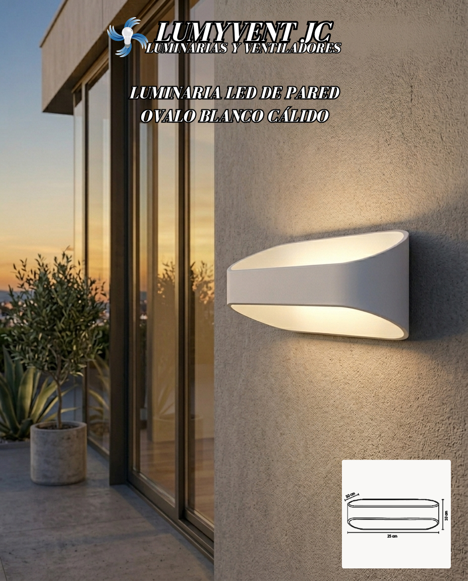 ADE-008 LUMINARIA PARED ÓVALO BLANCO EXTERIOR BLANCO CÁLIDO 12W - LumyventJC