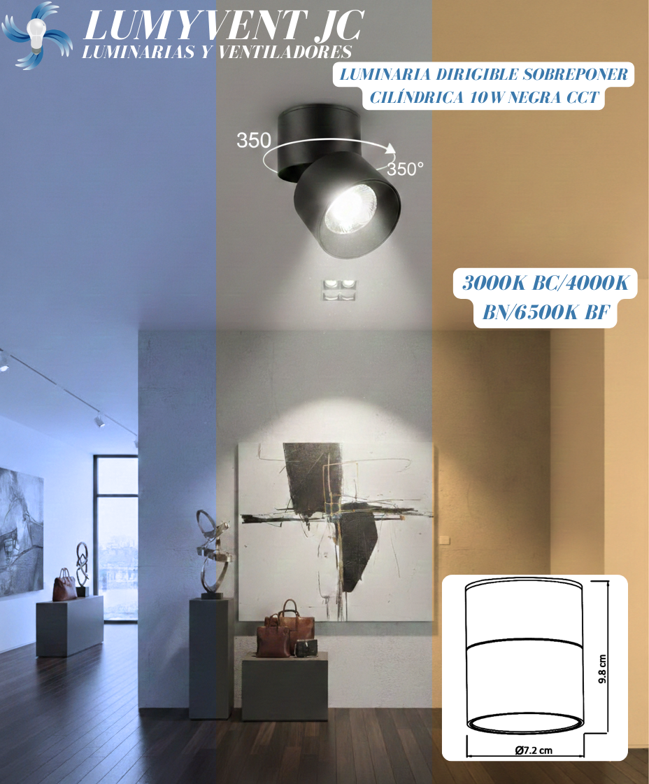 ADE-703 – LUMINARIA SOBREPONER TECHO CILINDRO DIRIGIBLE INCLINACIÓN 85° + ROTACIÓN MANUAL 350° ALUMINIO NEGRO 10W CCT MANUAL INTERIOR IP20