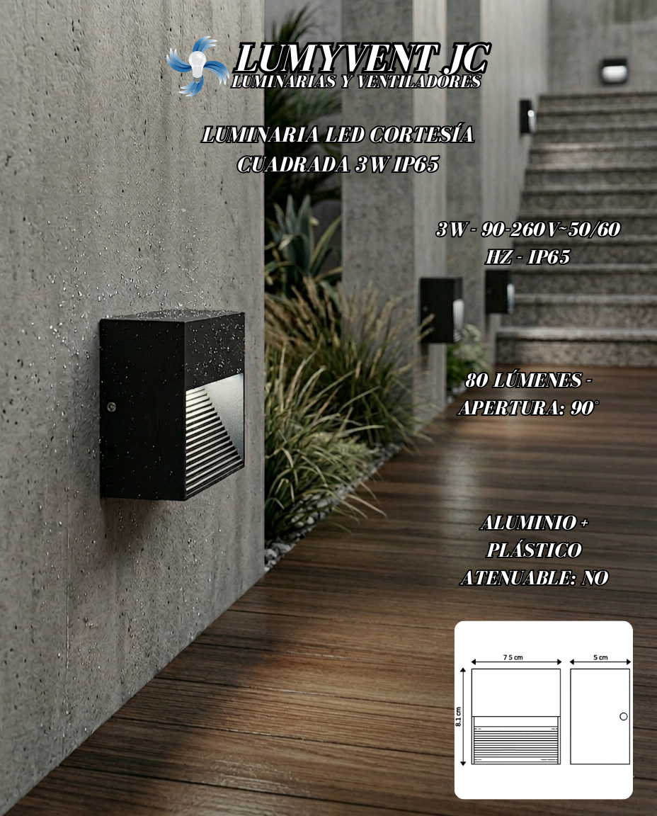 ADE401 LUMINARIA LED CORTESÍA CUADRADA 3W IP65 BLANCO FRIO - LumyventJC