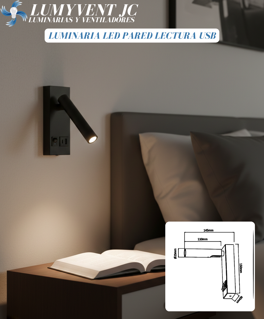 ADE-038 – LUMINARIA LED PARED LECTURA CON PUERTOS USB ALUMINIO NEGRO MATE INTERIOR IP20 2W 146LM BLANCO FRÍO 6500K