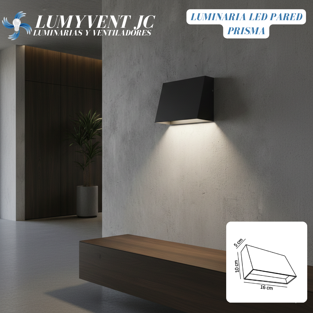 ADE-027 – LLUMINARIA LED DE PARED PRISMA DISPARO SENCILLO 10W ALUMINIO NEGRO EXTERIOR IP54 BLANCO CÁLIDO 3000K