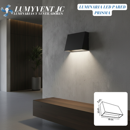 ADE-027 – LLUMINARIA LED DE PARED PRISMA DISPARO SENCILLO 10W ALUMINIO NEGRO EXTERIOR IP54 BLANCO CÁLIDO 3000K