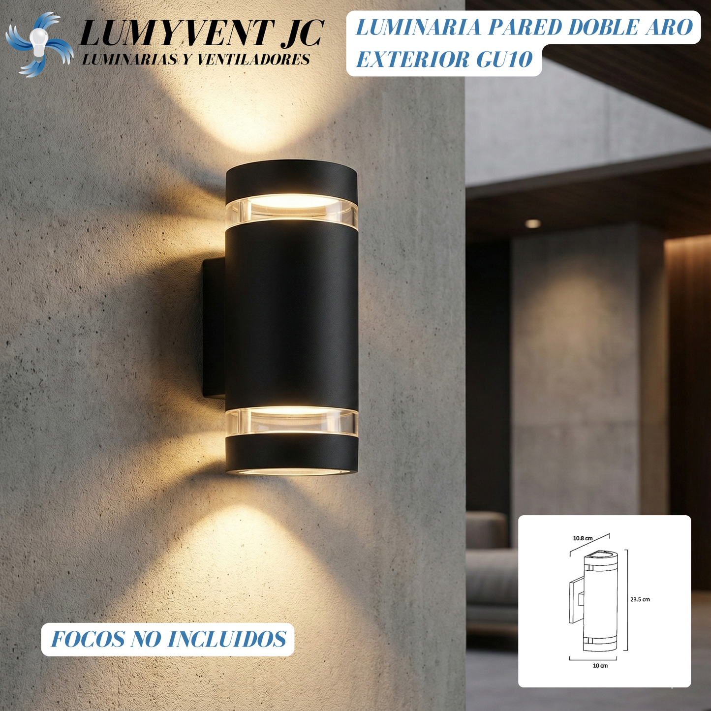 LUMINARIA PARED CILINDRO ALUMINIO NEGRA DOBLE ARO EXTERIOR BASES GU10