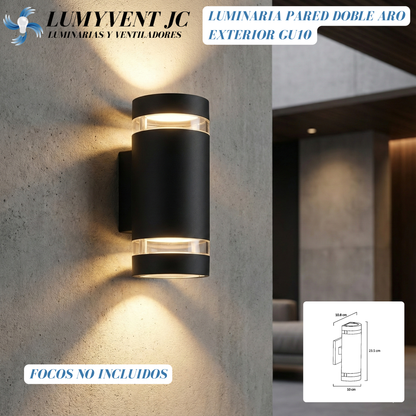 LUMINARIA PARED CILINDRO ALUMINIO NEGRA DOBLE ARO EXTERIOR BASES GU10