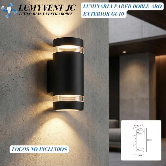 LUMINARIA PARED CILINDRO ALUMINIO NEGRA DOBLE ARO EXTERIOR BASES GU10