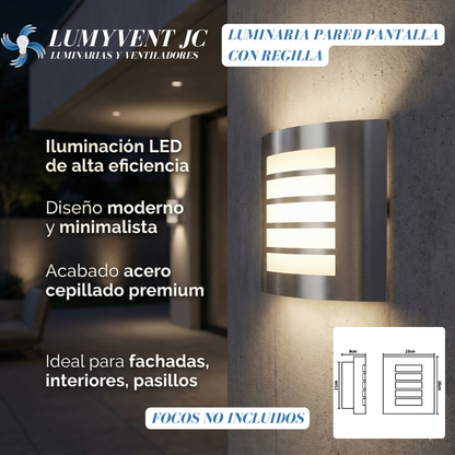 ADE-005 – LUMINARIA PARED PANTALLA ACERO INOXIDABLE REJILLA OPALINA EXTERIOR BASE E26/E27