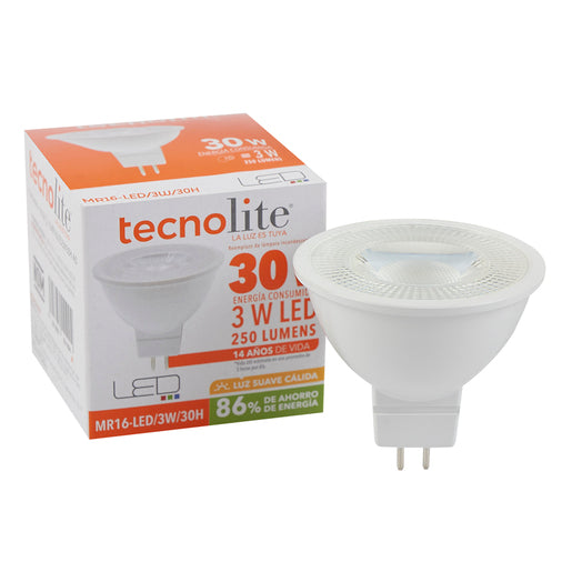 Foco MR16 LED 3 W, Luz Cálida Brillante, Base GX5.3, No atenuable