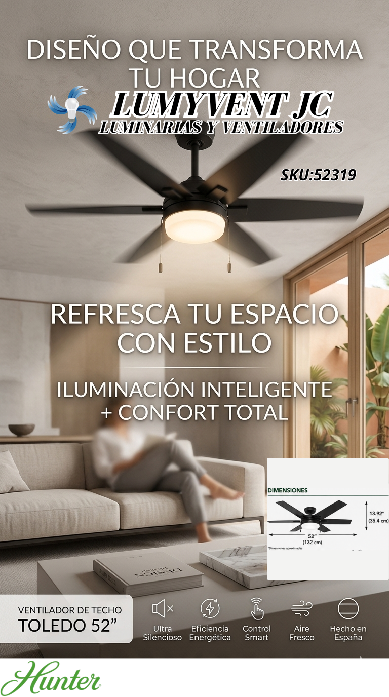 52319 Ventilador de Techo Toledo con Luz LED 52 Pulgadas NEGRO MATE - LumyventJC