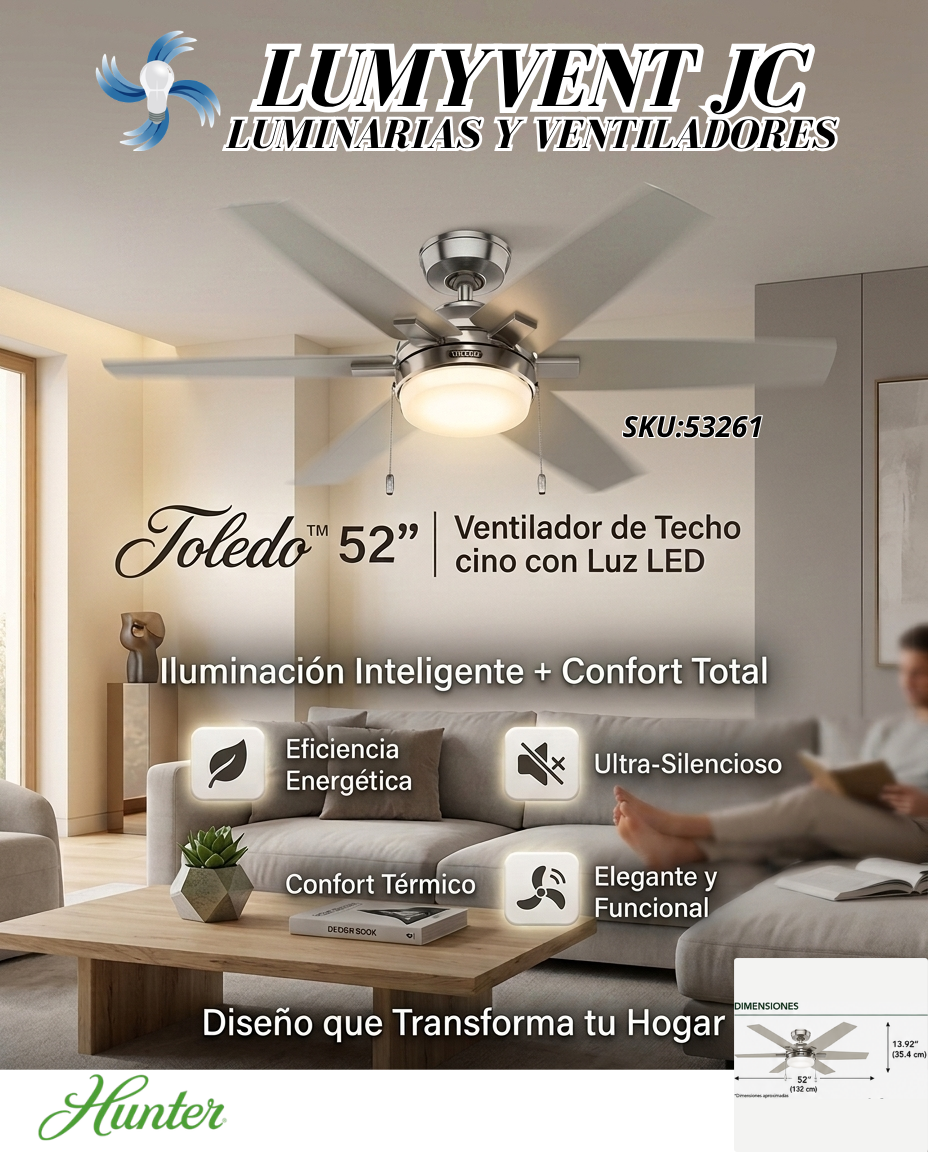 53261 Ventilador de Techo Toledo con Luz LED 52 Pulgadas NIQUEL MATE - LumyventJC