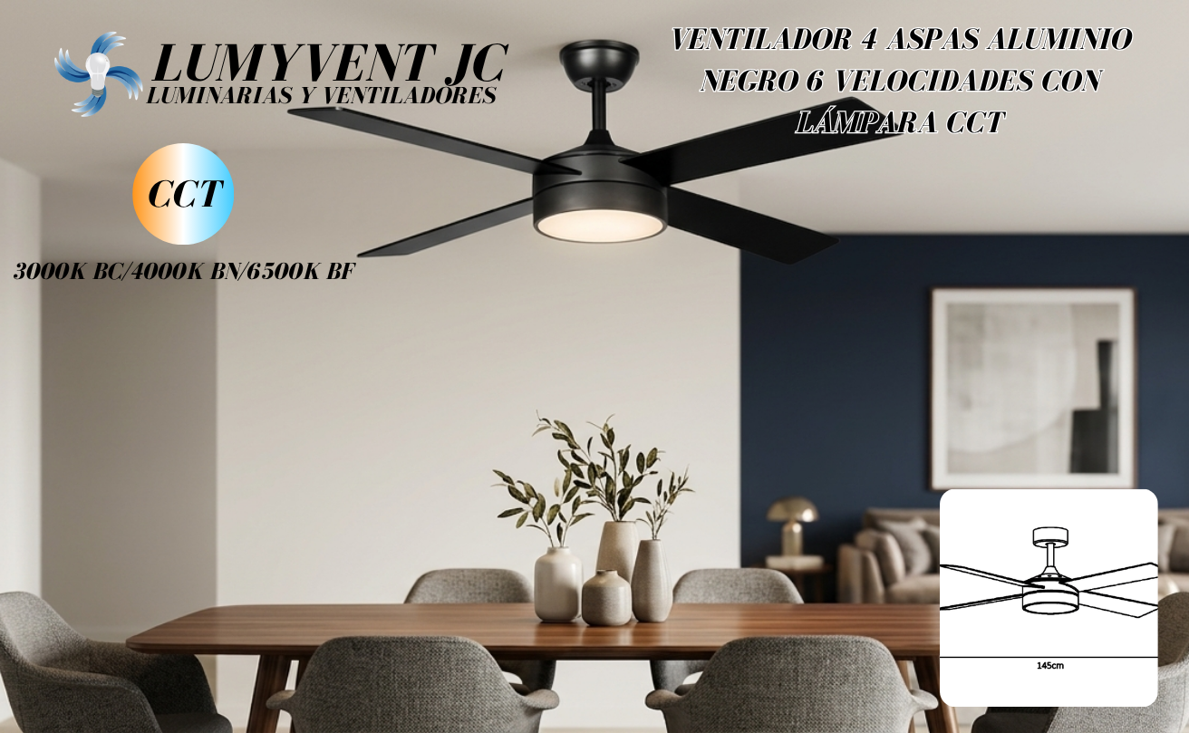 AVE-301 VENTILADOR 4 ASPAS ALUMINIO NEGRO 6 VELOCIDADES CON LÁMPARA CCT - LumyventJC