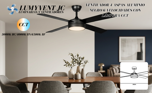 AVE-301 VENTILADOR 4 ASPAS ALUMINIO NEGRO 6 VELOCIDADES CON LÁMPARA CCT - LumyventJC