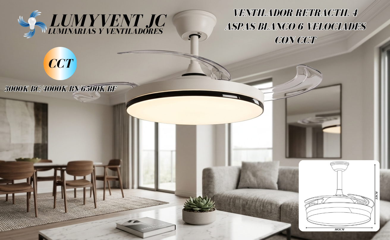 AVE-401 VENTILADOR RETRACTIL 4 ASPAS BLANCO 6 VELOCIADES CON CCT - LumyventJC