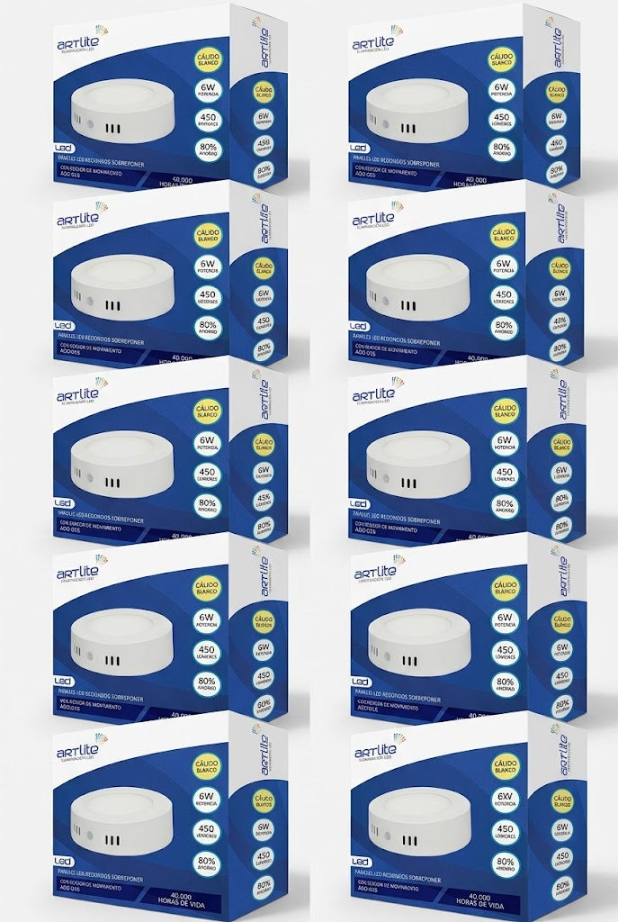 ADO-016 10 PIEZAS DE PÁNEL LED REDONDO SOBREPONER 6W BLANCO CÁLIDO