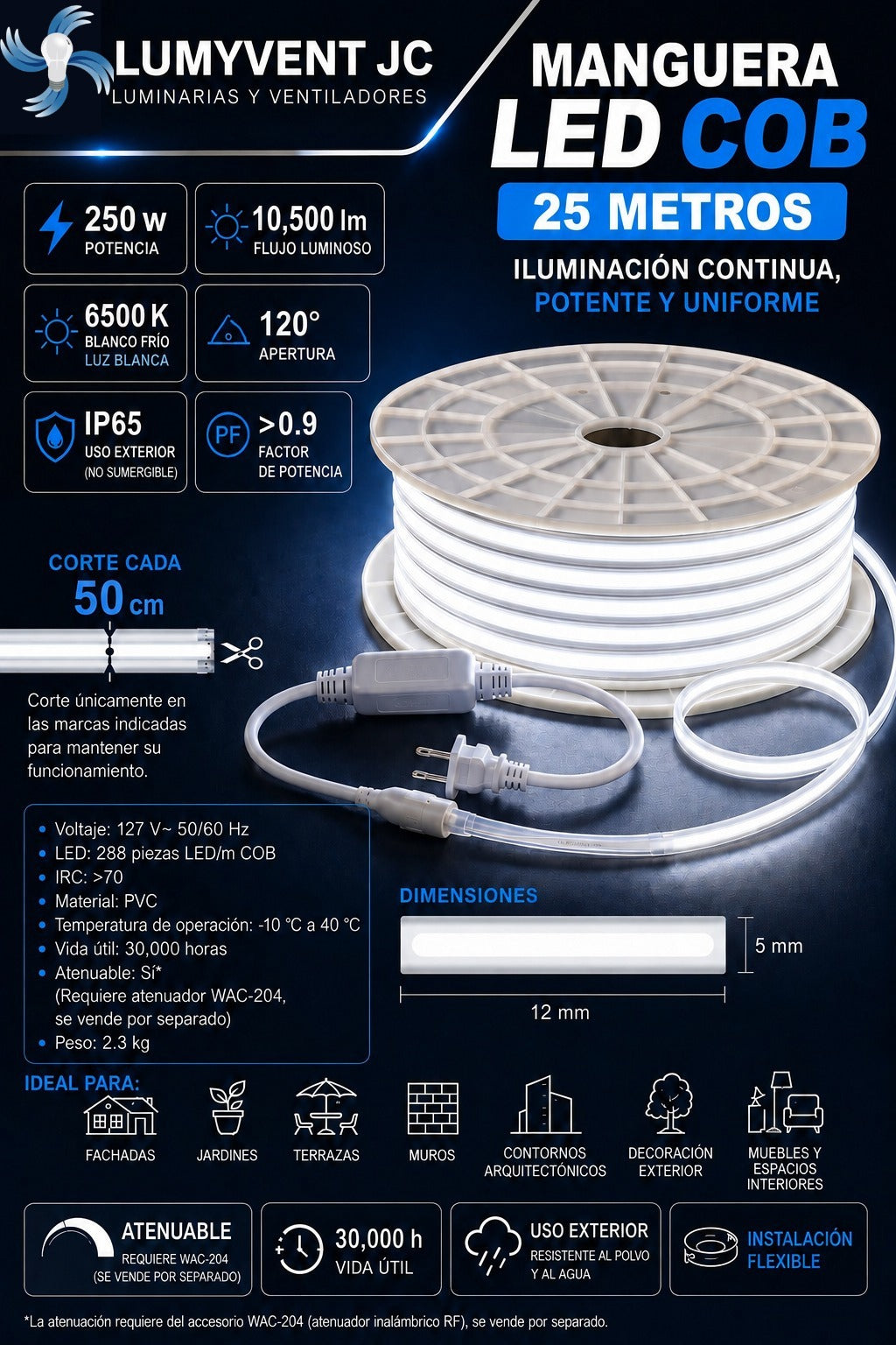 WMA-014-3 3 CAJAS DE MANGUERA LED COB 250W 25M EXT. BLANCO FRÍO