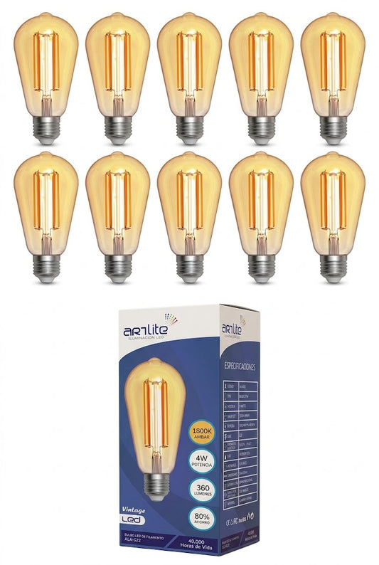 ALA-022-10 10 PIEZAS DE LÁMPARA LED BULBO DE FILAMENTO BASE E26 4W ST64 ÁMBAR