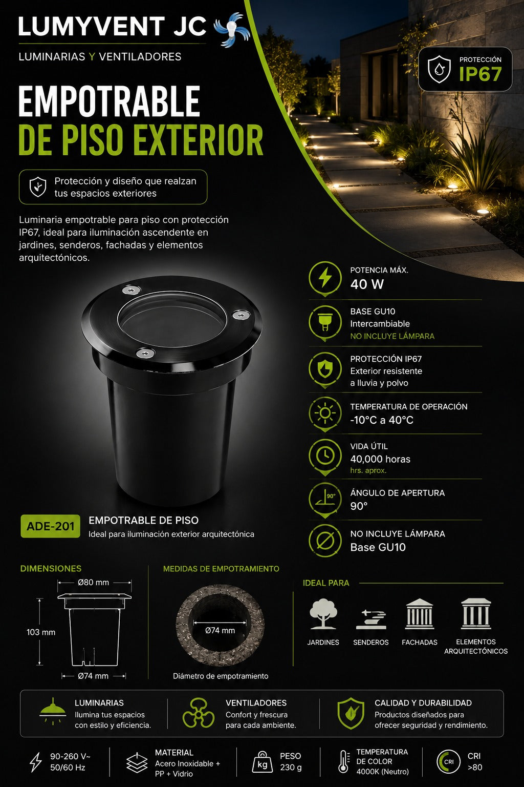 ADE-201 EMPOTRABLE PISO PLÁSTICO NEGRO Y VIDRIO TEMPLADO EXTERIOR BASE GU10 - LumyventJC