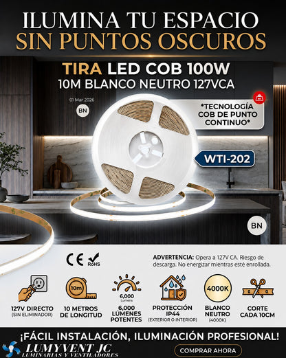 WTI-202 TIRA LED COB 100W  10M BLANCO NEUTRO 127VCA