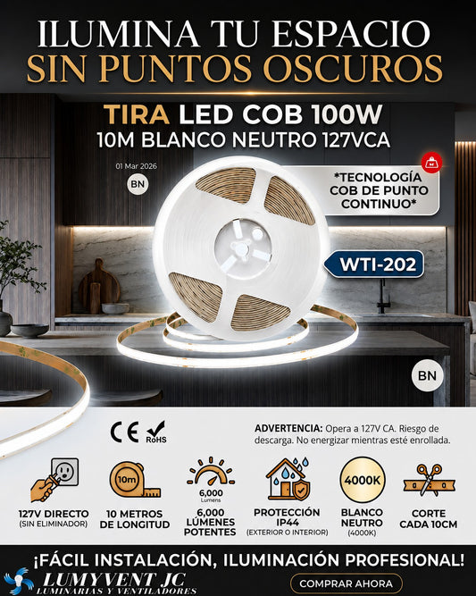 WTI-202 TIRA LED COB 100W  10M BLANCO NEUTRO 127VCA