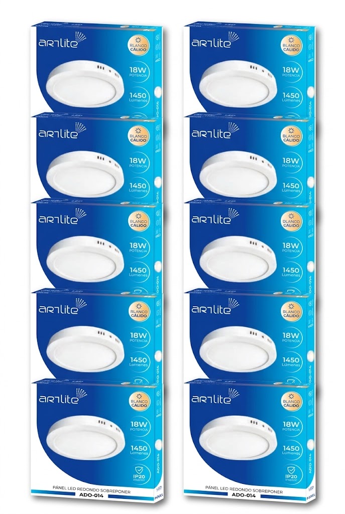 ADO-014 10 PIEZAS DE PÁNEL LED REDONDO SLIM 18W SOBREPONER BLANCO CÁLIDO