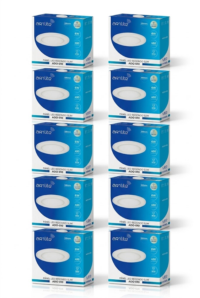 ADO-010 10 PIEZAS DE PÁNEL LED REDONDO SLIM 6W EMPOTRABLE BLANCO CÁLIDO