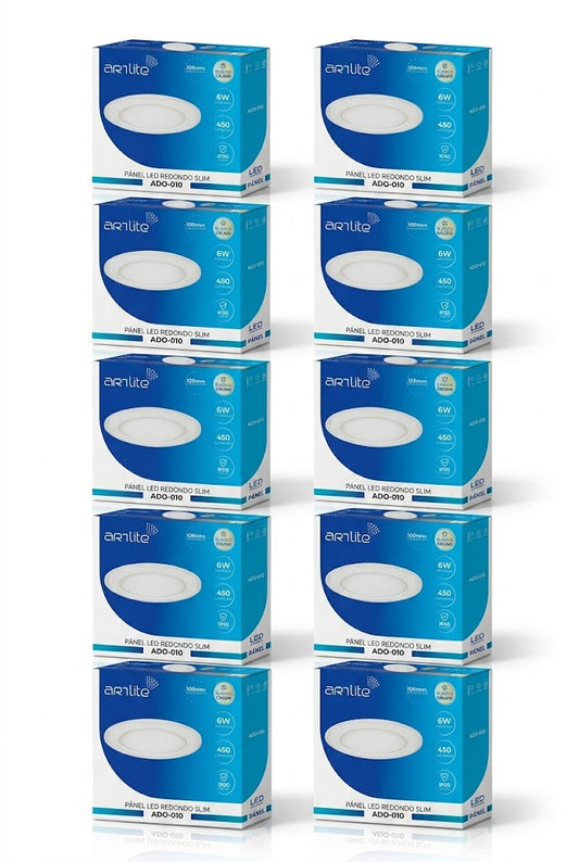 ADO-010 10 PIEZAS DE PÁNEL LED REDONDO SLIM 6W EMPOTRABLE BLANCO CÁLIDO