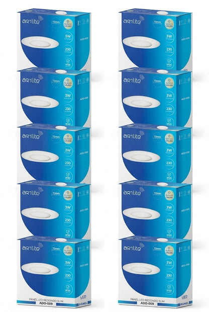 ADO-009 10 PIEZAS DE PÁNEL LED REDONDO SLIM 3W EMPOTRABLE LANCO CÁLIDO
