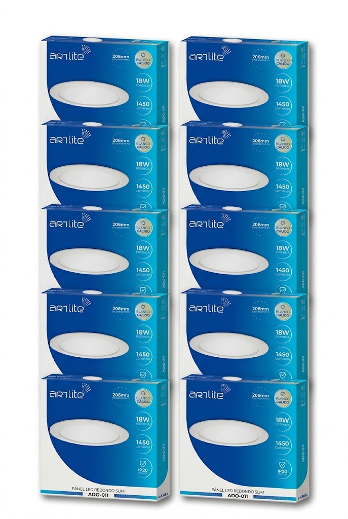 ADO-011 10 PIEZAS DE PÁNEL LED REDONDO SLIM 18W EMPOTRABLE BLANCO CÁLIDO